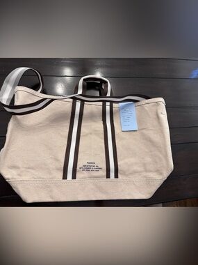 Canvas Tote Bag with Brown Striped Webbing NWT